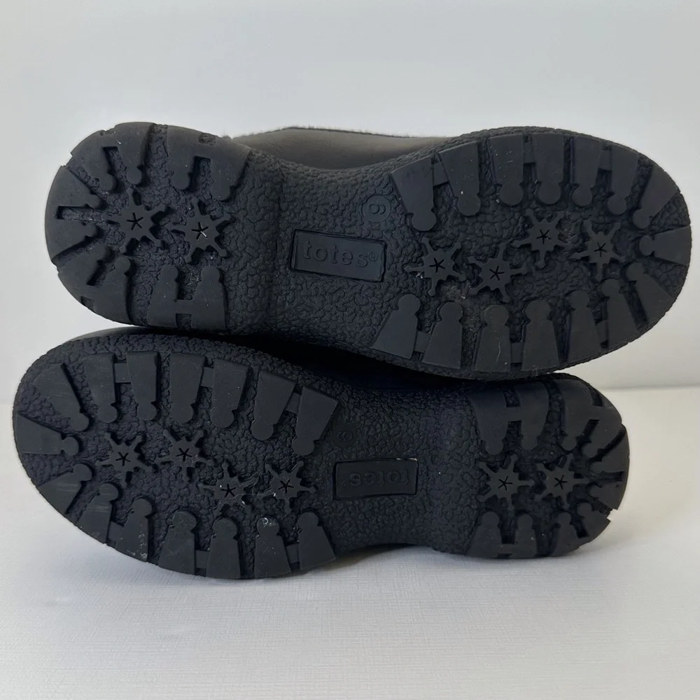 Totes black‎ winter snow boots w/ faux fur trim side zipper & buckle women’s 6